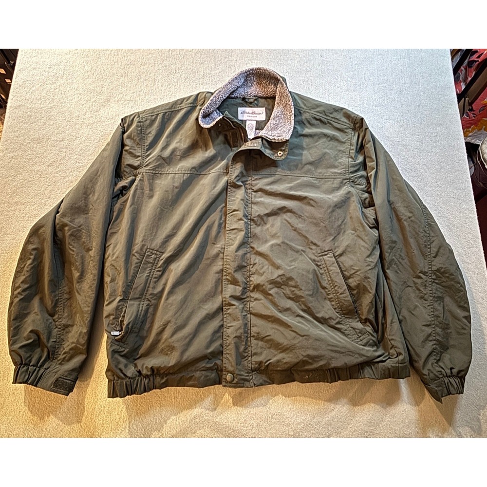 VTG Eddie Bauer Fleece Lined Bomber Jacket Mens XL Green Nylon Full Zip